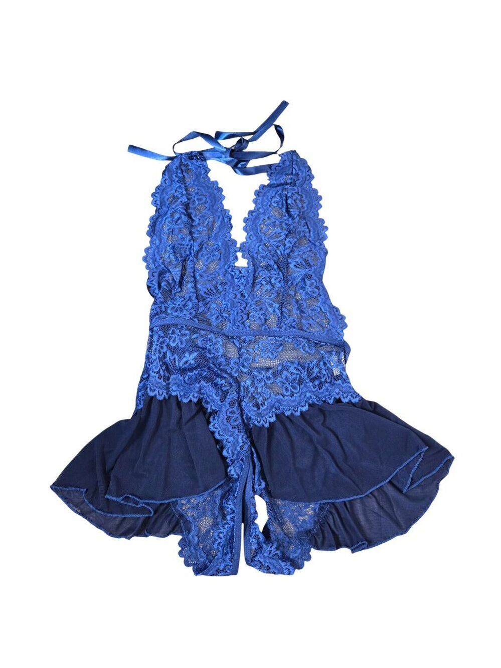 NWOT | Blue Lace Halter Babydoll Lingerie Romper Crotchless Mesh Skirt | Medium